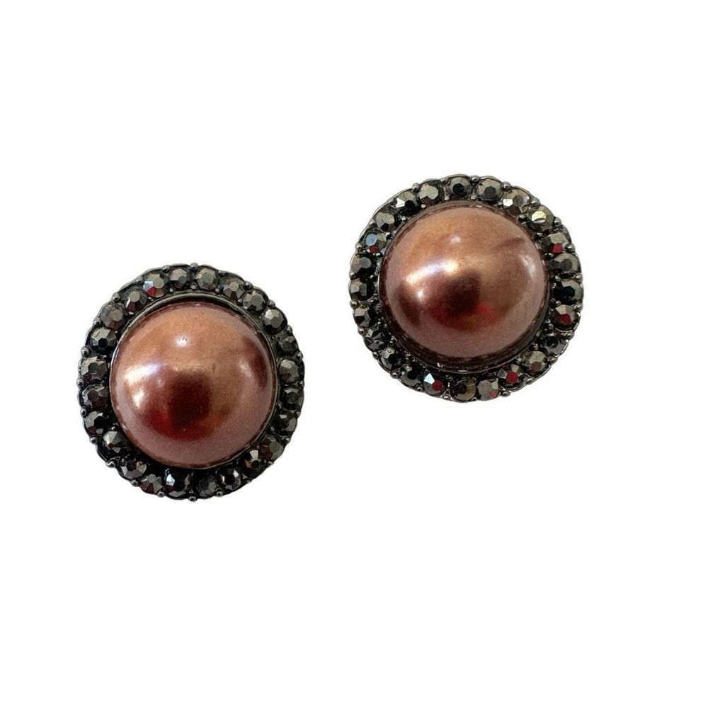 Brown faux pearl circle clip on earrings